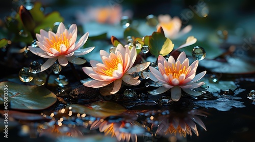  a group of water lilies floating on top of a body of water with leaves floating on top of it.  © Anna