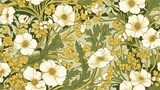  a pattern of white and yellow flowers with green leaves on a light green background with yellow and white flowers on a light green background.  generative ai