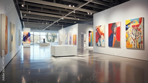 art gallery with paintings and artwork in the background indoors space photo