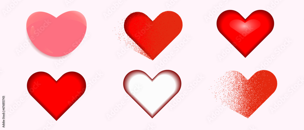 A set of hearts drawn in different styles. Design for Valentine's Day. Vector illustration of heart shape. Isolated on white background.
