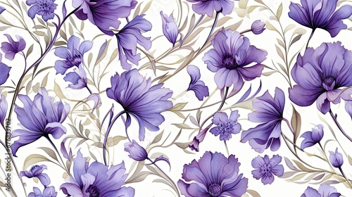  a pattern of purple flowers and leaves on a white background with a blue flower on the left side of the image.  generative ai