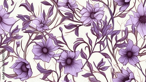 Wallpaper Mural  a bunch of purple flowers that are on a white background with purple leaves and stems in the center of the picture.  generative ai Torontodigital.ca