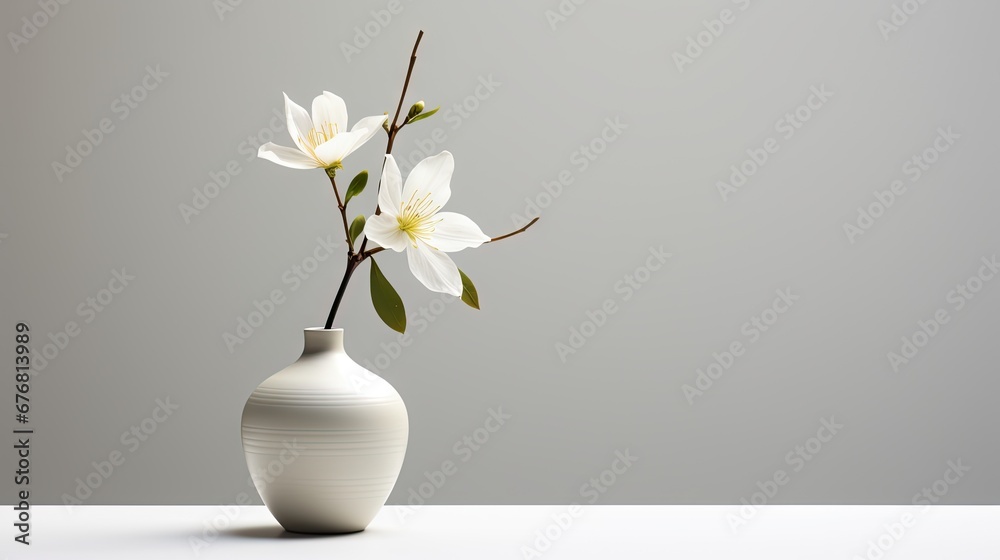 a white vase with a white flower in it on a white table with a gray wall in the back ground. generative ai a white vase with a white flower in it on a white table with a gray wall in the back ground. generative ai