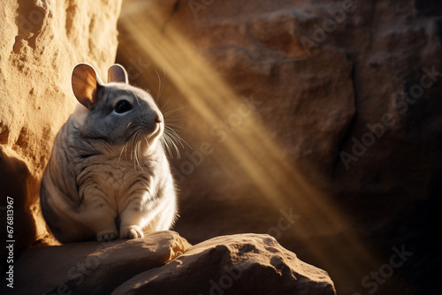 Cute chinchilla sits on rock landscape. Rodent food product advertising. photo