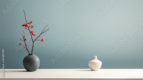 a couple of vases sitting on top of a table next to a vase with red flowers inside of it. generative ai