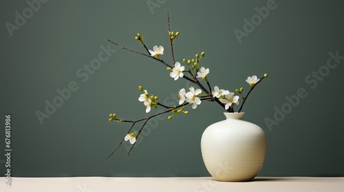  a white vase filled with white flowers sitting on top of a table next to a green wall and a green wall.  generative ai