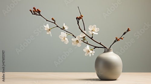  a vase filled with white flowers sitting on top of a wooden table in front of a gray and gray wall. generative ai