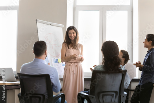 Diverse group applauding happy proud presenter, clapping hands, thanking mentor for training. Cheerful business leader woman getting applause from employees after successful presentation, report