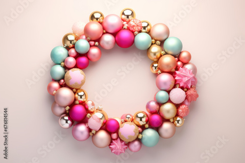 A chic Christmas wreath made of pastel colored baubles. Generative AI