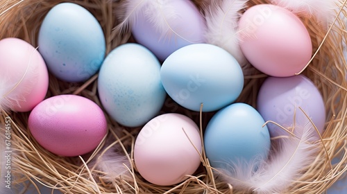  a group of eggs in a nest with feathers on a blue and white background with a pink and blue egg in the center of the nest. generative ai