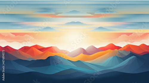  a painting of a mountain range with the sun in the distance and clouds in the sky over the top of the mountains. generative ai