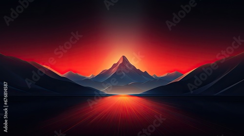  a digital painting of a mountain range with the sun setting in the distance and a red sky in the background.  generative ai