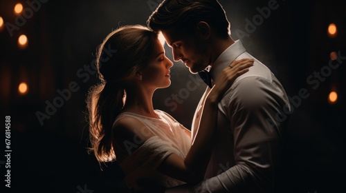 a couple is hugging under lights at their wedding reception in the dark
