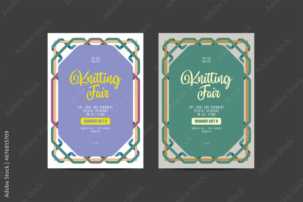 Fototapeta premium Knitting or Knitted Handmade Crafts Fair Invitation Vector