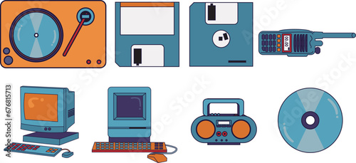 Set of old device disket, radio, handy talkie, computer, pc, phonograph