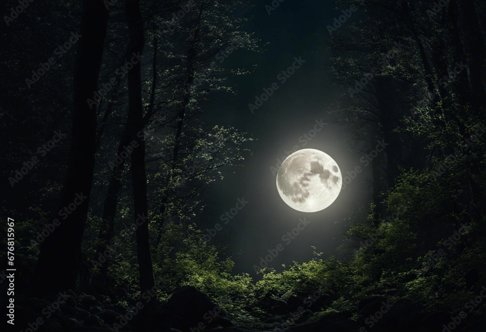 Naklejka premium An AI illustration of full moon shining in the dark night sky with green forest on either side