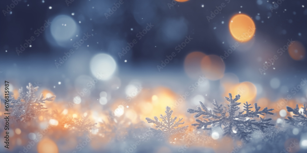 Snowflakes on light bokeh background, Soft snowflakes christmas texture, At close range, Snowfall, Nature, copy space, generative ai