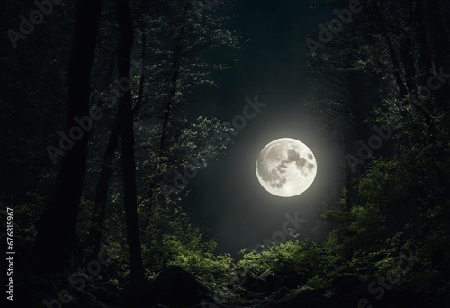 An AI illustration of full moon shining in the dark night sky with green forest on either side