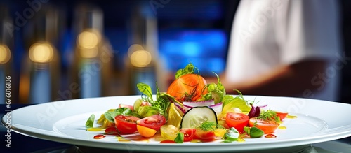 In the background of a serene kitchen a gourmet chef prepared a healthy and appetizing meal with vibrant colors The white plate showcased a refreshing green salad adorned with red tomatoes 
