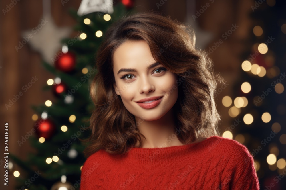 Christmas Face - Smiling Woman in Festive Red Sweater over Christmas Tree Background