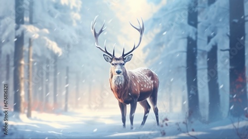 Winter Deer: Majestic Noble Cervid in a Magical Winter Snow Forest - Wildlife Artistic Winter Christmas Landscape © AIGen