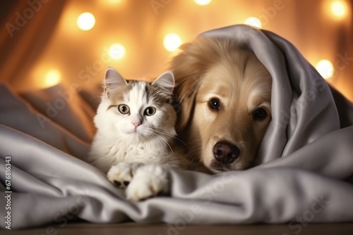 Adorable Christmas Pets: Cute Dog and Cat Cuddled Under a Festive Blanket in a Beautifully Decorated Room