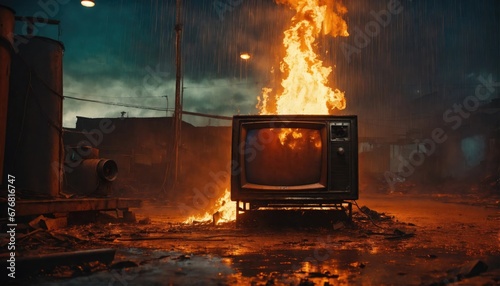 television, tv, fire, flame, abandoned, ruined, ruins, wasteland, apocalyptic, city, old, burn, burning, burned, war, devastation, devastated, devastate, destruction, destruct, fog, fireplace, hearth photo