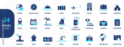 Travel icon set. Collection of global tourist and travel symbols. Solid icon element.