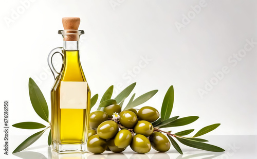 Olives with leaves and flowers. Olive oil in a bottle  White background. AI	
