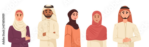 Arabic people, man and woman, middle east female. Young attractive muslim girl, beautiful lady, gorgeous person wearing hijab, colourful scarf. Traditional wear. Vector illustration.