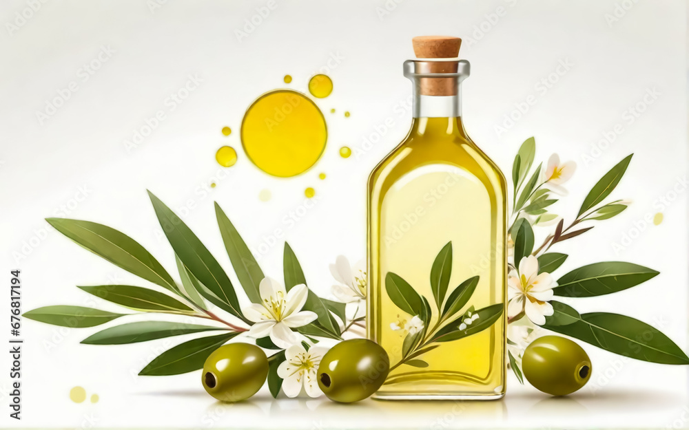 Olives with leaves and flowers. Olive oil in a bottle White background. AI
Olives with leaves and flowers. Olive oil in a bottle White background. AI