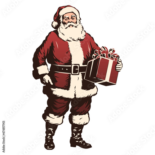 Santa Claus holding a gift. Happy Santa with the present box. Christmas gift from Santa Claus. Retro Vintage Santa Claus clipart. Transparent PNG. Vector illustration isolated on white
