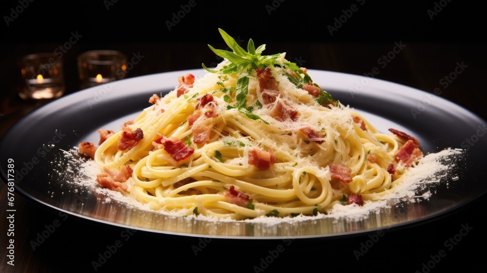 a plate of spaghetti with bacon and parmesan cheese on a black plate with a candle in the background. generative ai a plate of spaghetti with bacon and parmesan cheese on a black plate with a candle in the background. generative ai
