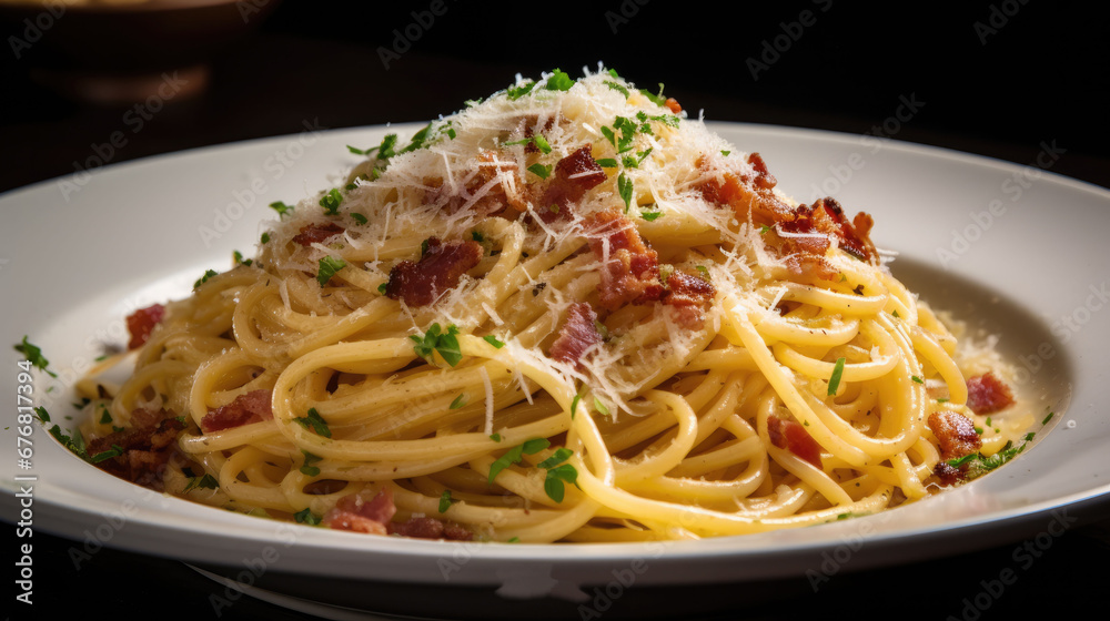 a plate of spaghetti with bacon, parmesan cheese and parsley on top of the pasta is topped with parmesan cheese and parmesan. generative ai a plate of spaghetti with bacon, parmesan cheese and parsley on top of the pasta is topped with parmesan cheese and parmesan. generative ai