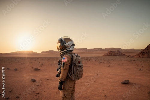 Children astronaut putting on a spacesuit in the planet Mars © liliyabatyrova