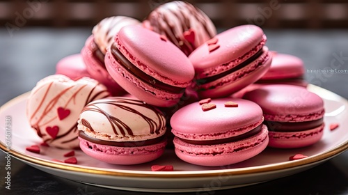  a plate full of pink macaroons with chocolate frosting and sprinkles in the shape of hearts.  generative ai