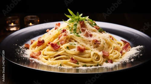  a plate of spaghetti with bacon and parmesan cheese on a black plate with a candle in the background. generative ai