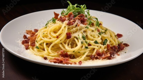  a plate of spaghetti with bacon and parmesan cheese on top of a wooden table with a black background. generative ai