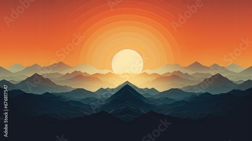  the sun is setting over a mountain range with mountains in the foreground and a red sky in the background. generative ai
