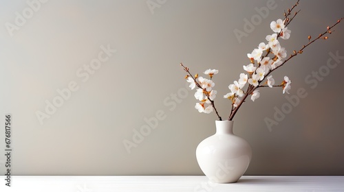  a white vase filled with white flowers sitting on top of a white table next to a gray wall and a gray wall behind it. generative ai