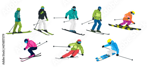 Set of winter skier in various position. Collection of sport activities. Extreme outdoor activity. Youth competition. Cartoon design. Isolated on white background. Vector illustration