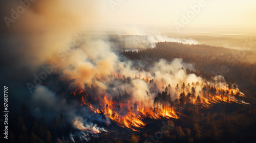 Intense wildfire consuming a forest at sunset