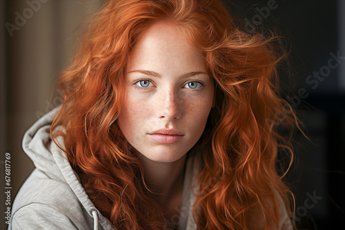 Close up of a young woman with red hair, blue eyes and freckles on her face