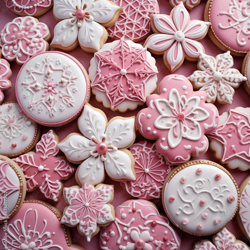 Fototapeta premium viele Plätzchen oder Kekse zu Weihnachten reich verziert in Rosa und Weiß