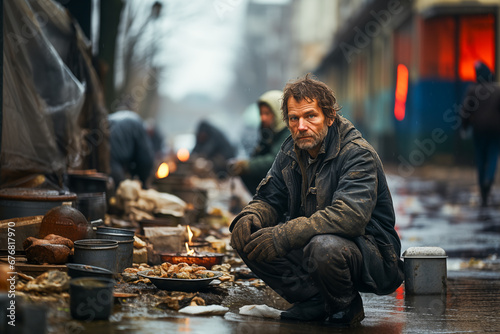Wallpaper Mural Homeless man sitting squatting on the dirty floor and looking sadly Torontodigital.ca