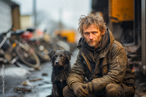 Portrait of a homeless man sitting on the dirty floor with his dog looking sadly