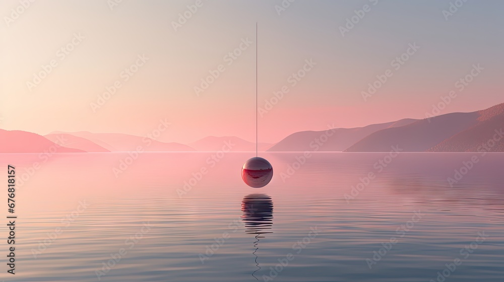 a red and white buoy floating in the middle of a large body of water with mountains in the background.  generative ai - obrazy, fototapety, plakaty 