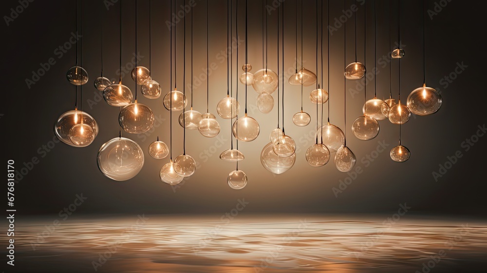 Obraz premium a bunch of light bulbs hanging from a chandelier in a dark room with a reflection on the floor. generative ai