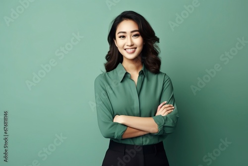 photo portrait of young asia lady with positive expression, arms crossed, smile broadly, dressed in casual clothing, generative ai