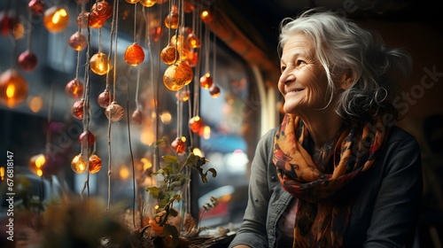 Sunlit Reflections: Elderly Woman Gazing Outside as Sunshine Filters Through Window Ornaments